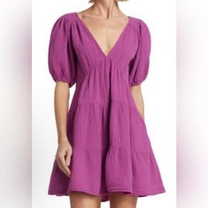 XIRENA Nissa Tiered Minidress Women Medium Gauzy deep V Puff‎ Cotton Purple Pink